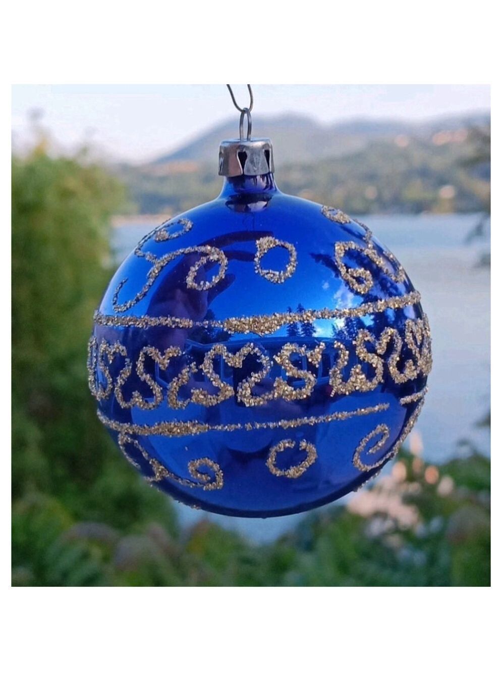 Vintage Poland 2.5in Mercury Glass Christmas Ornament Hand Painted Glitter Blue